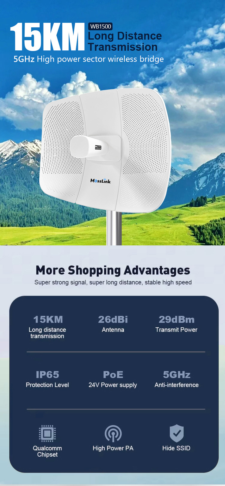 5.8G kablosuz CPE, 300Mbps, 10-15km mesafe