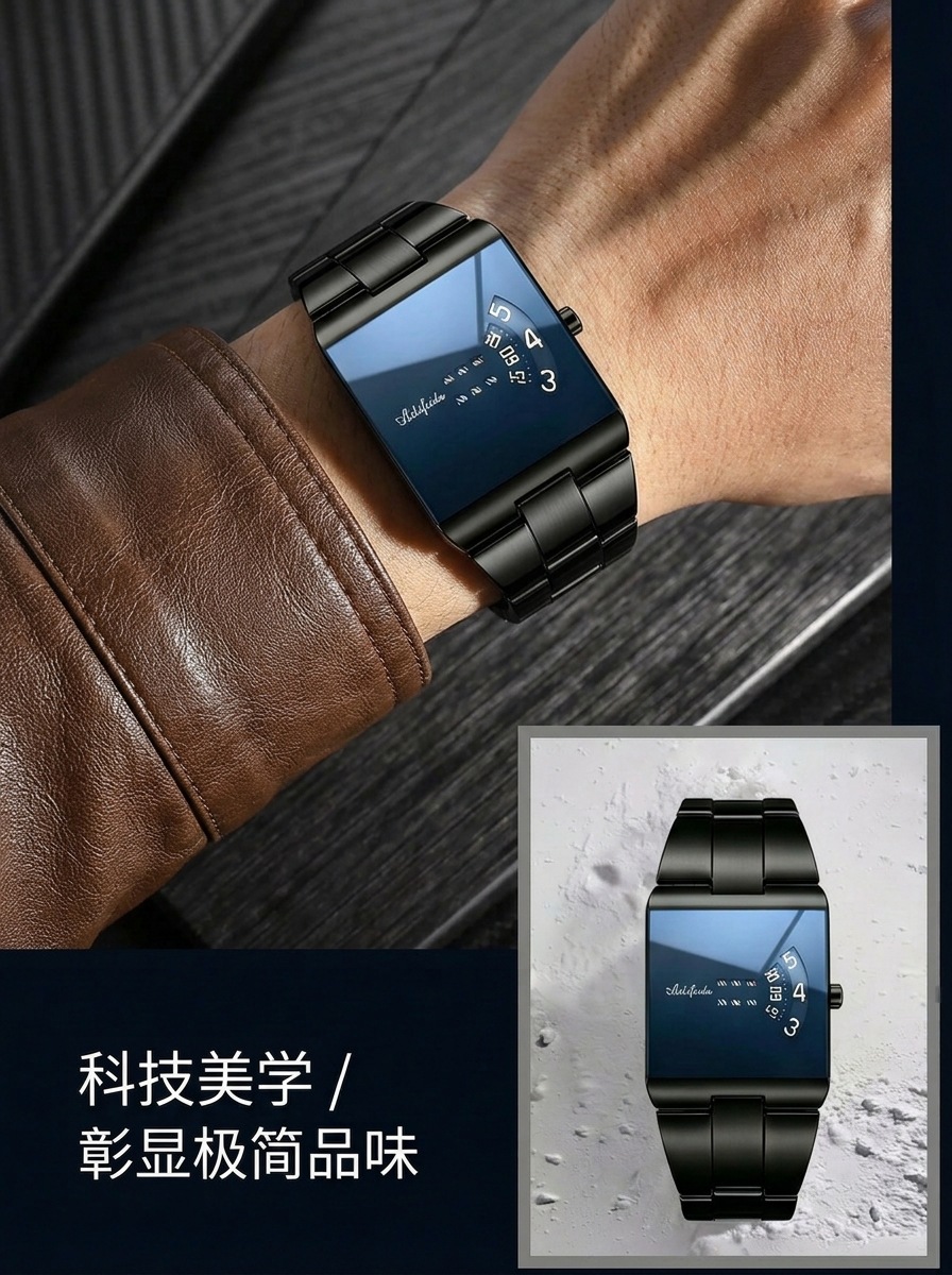 Men's Square Quartz Watch Steel Band Waterproof