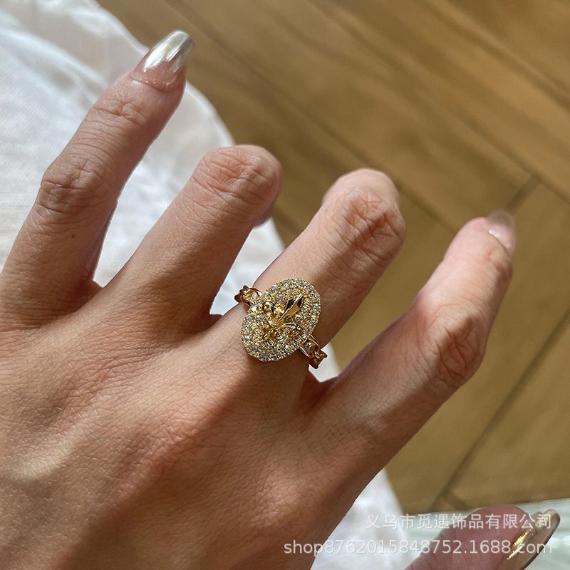 老钱风！中古满钻鸢尾花戒指女轻奢小众高级感独特叠戴食指戒指环