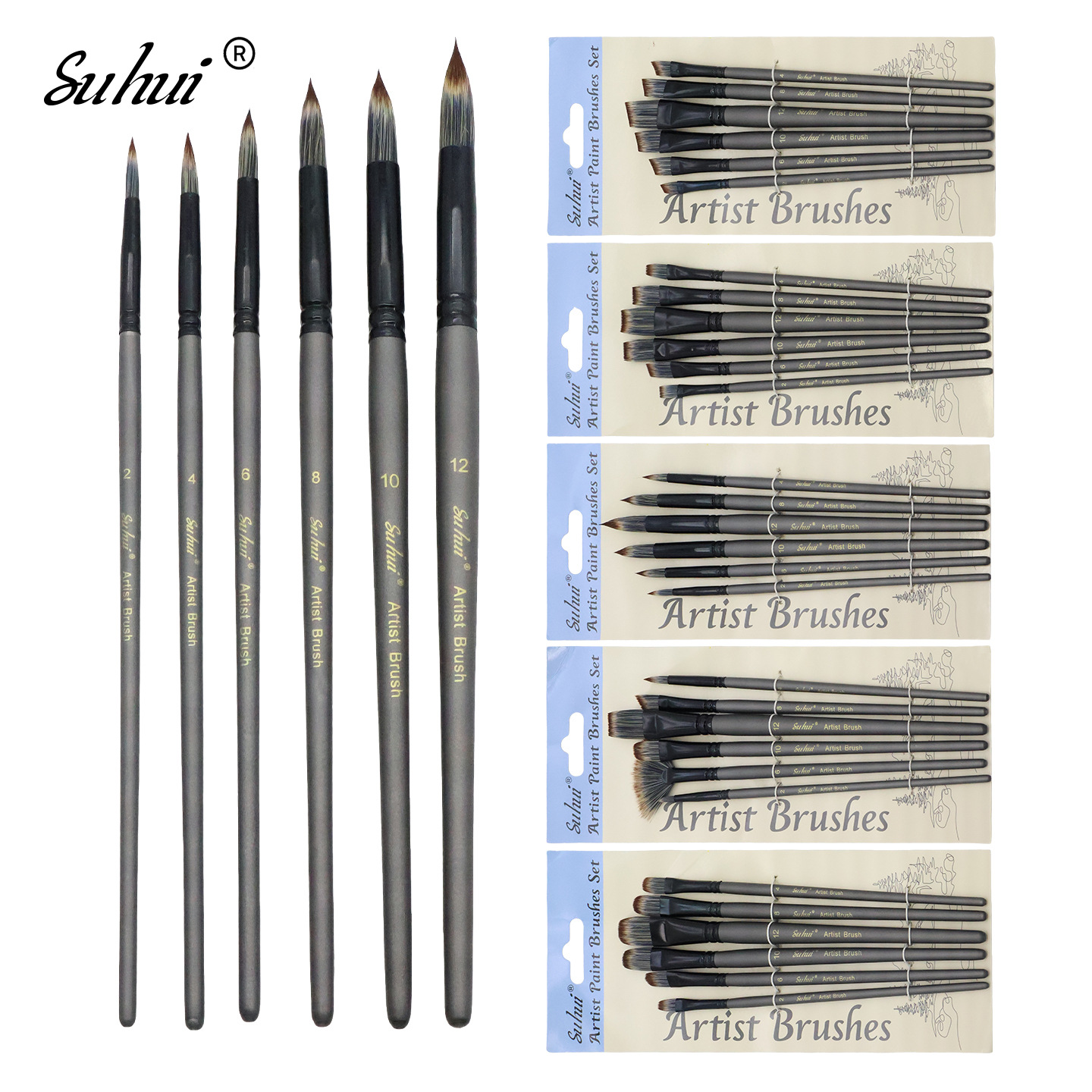 Oil Painting Brush Set, 6-Piece, Squirrel Hair, Watercolor & Acrylic