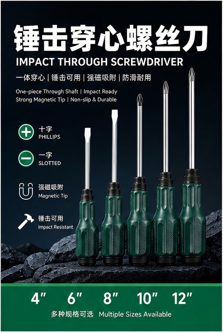 跨境工程维修穿心敲击 十字强磁通心 工厂现货定制螺丝刀套装批发