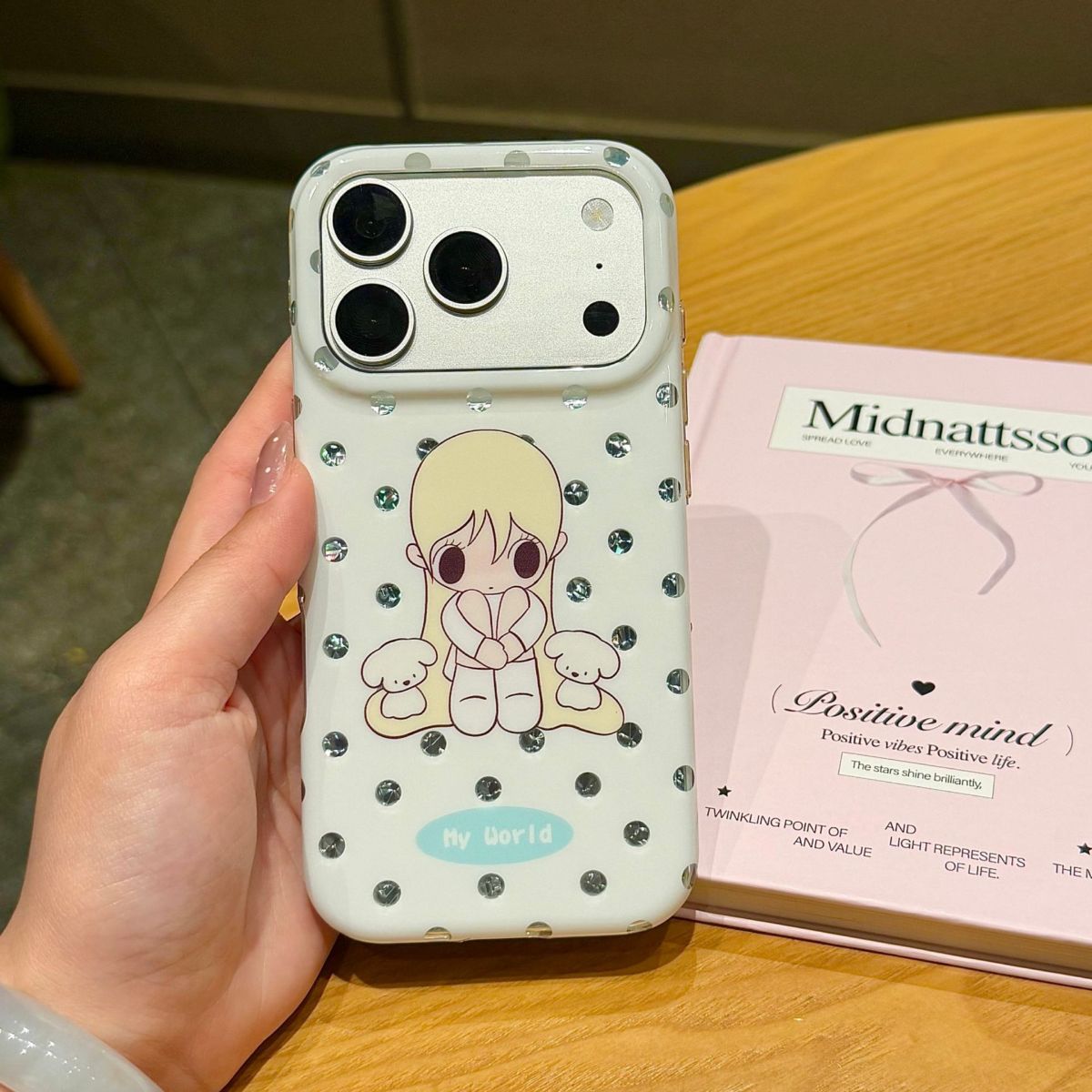 Japanese-style blue polka dot autumn cute double layer case, compatible iPhone 16-18 Pro M