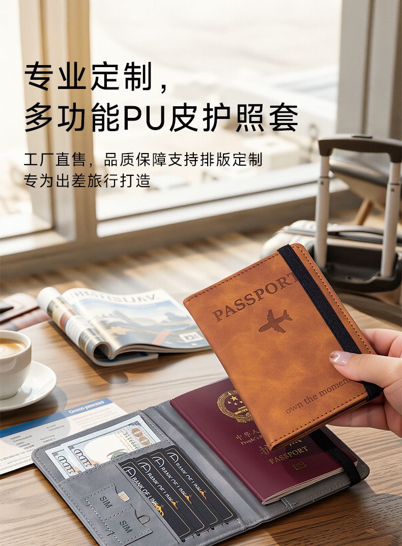 PU leather passport card holder, multi-card travel case