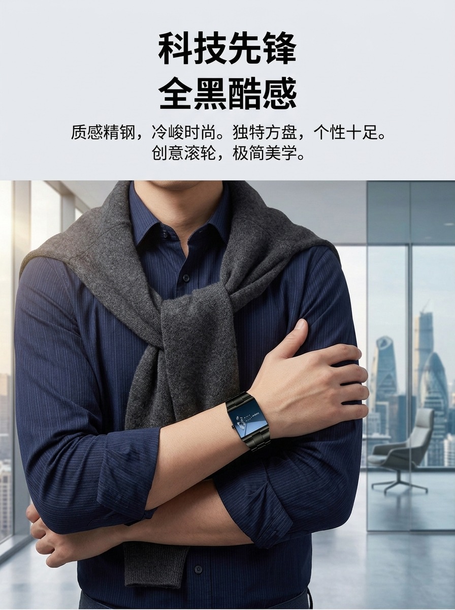 Men's Square Quartz Watch Steel Band Waterproof