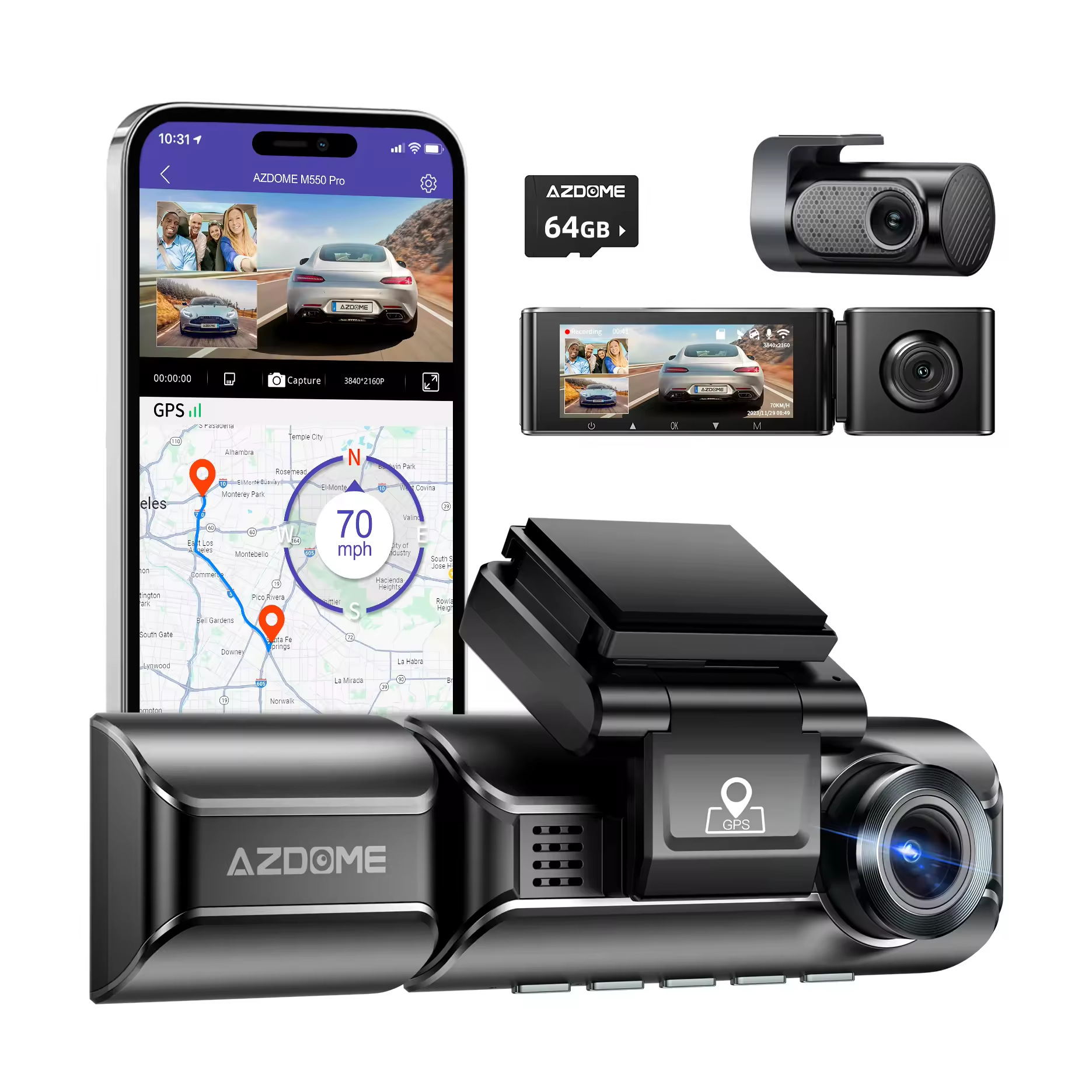 AZDOME araç kamerası üç lens 4K 1080P 1440P GPS