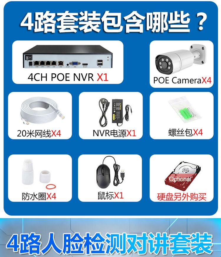 CCTV 4-channel POE surveillance kit, 4K camera, face recognition, audio intercom