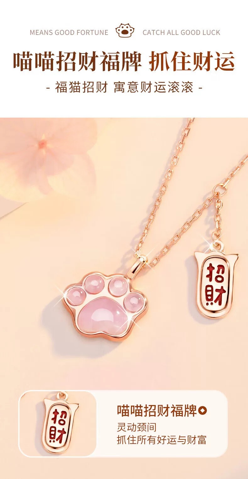 Şanslı kedi pençe S999 gümüş kolye, kedi göz taşı