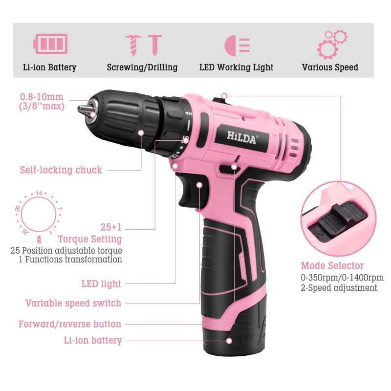 12V lityum darbeli matkap seti, pembe, el tipi