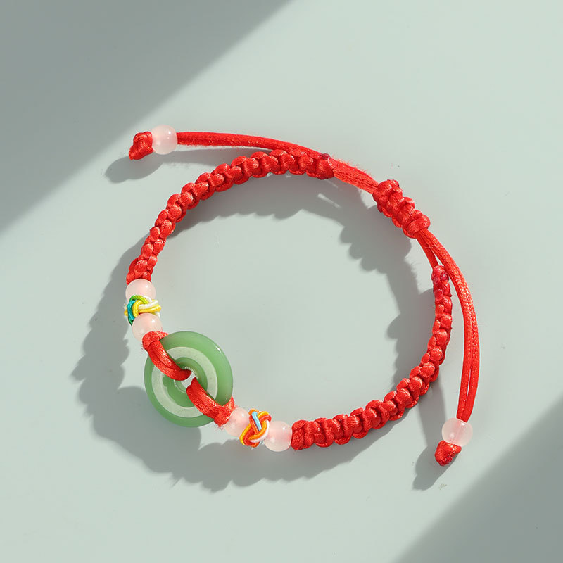 Red string bracelet, jade, safety clasp, hand-woven, unisex
