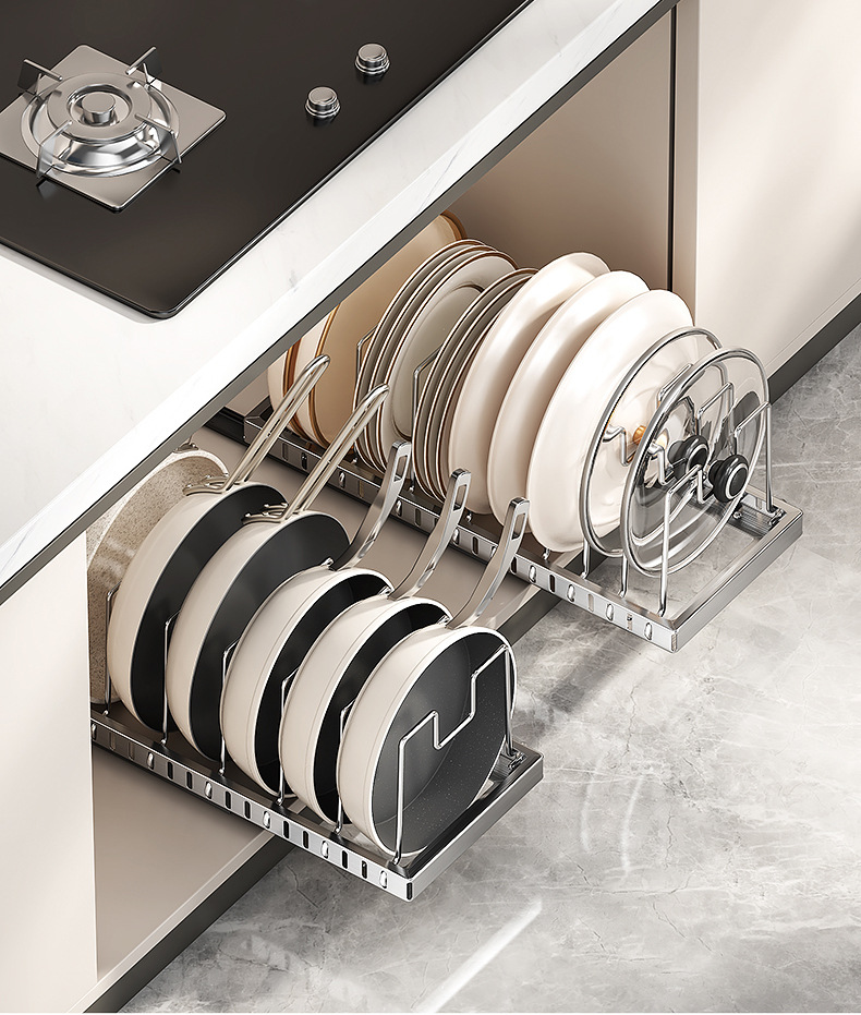 Kitchen Adjustable Cookware Storage Rack Drawer Organizer