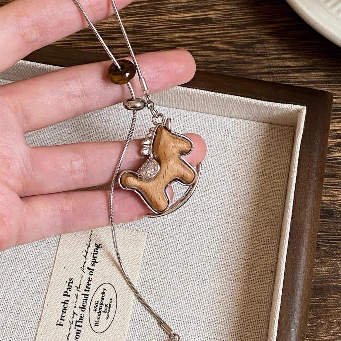 Vintage wooden horse pendant necklace, long sweater chain
