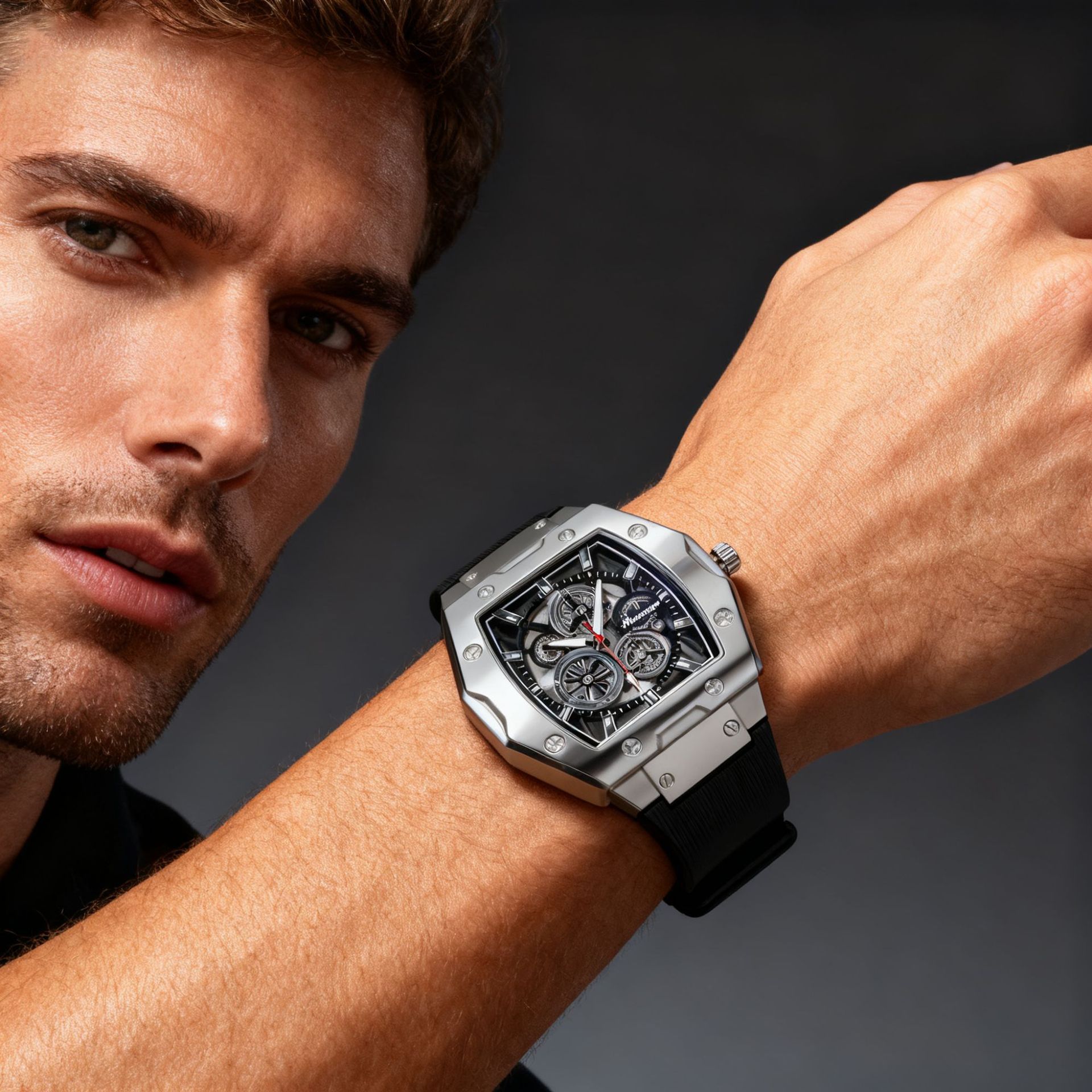 Men's quartz watch, barrel design, silicone strap, hollow dial