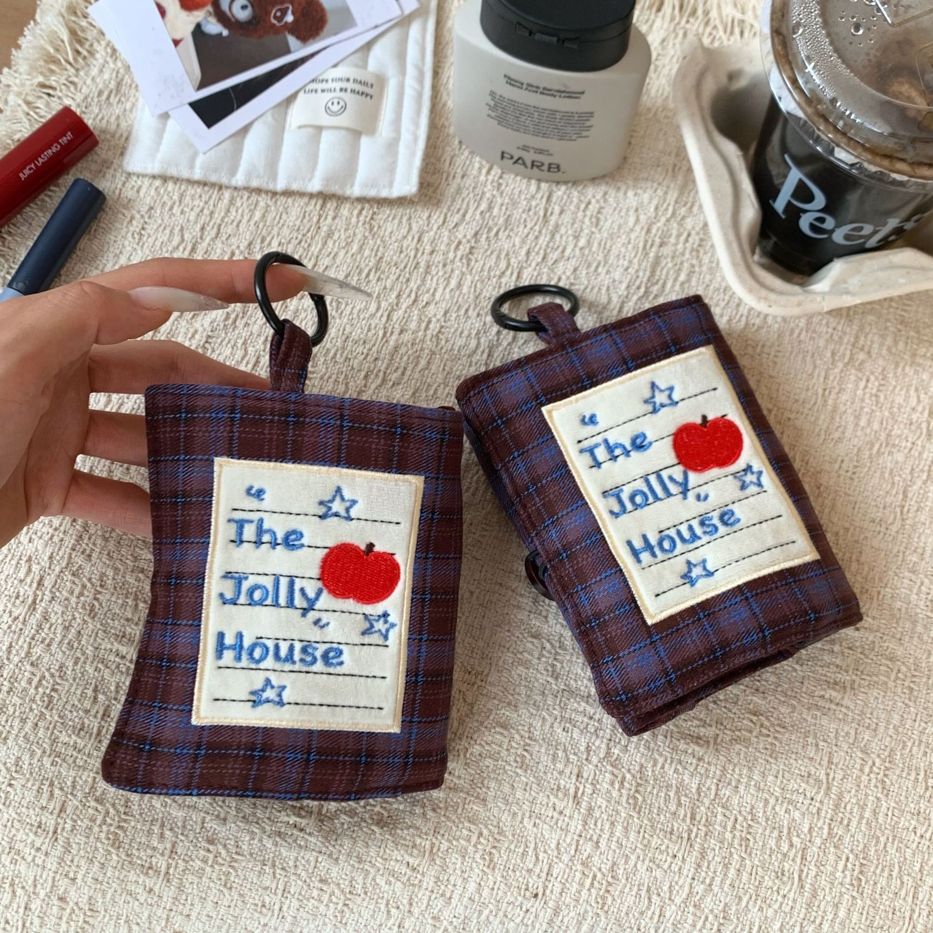Karo desenli mini pasaport çantası taşınabilir saklama
