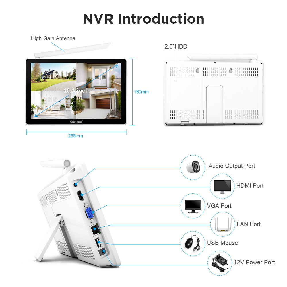 SriHome 8-channel monitoring kit, 5MP camera, 10-inch display