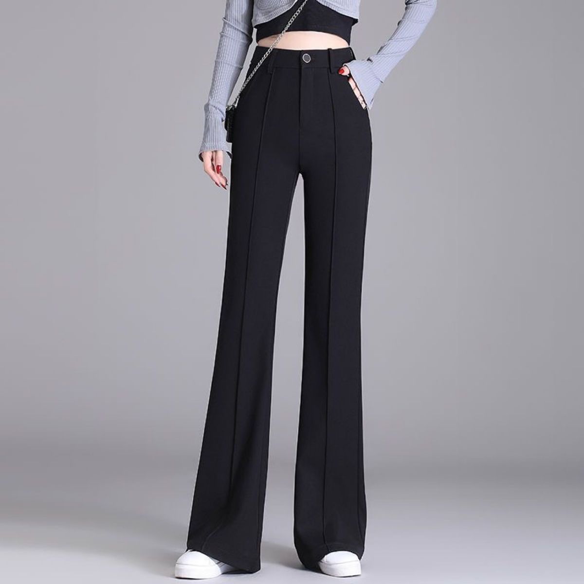 加绒加厚黑色微喇裤女2026秋冬新款高腰修身显瘦弹力休闲西装长裤