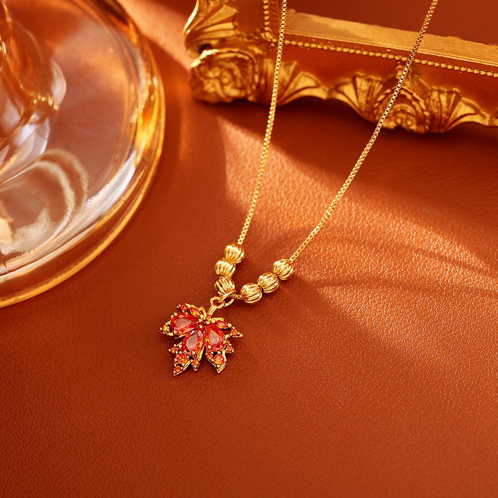 Red maple leaf zircon necklace and chain
