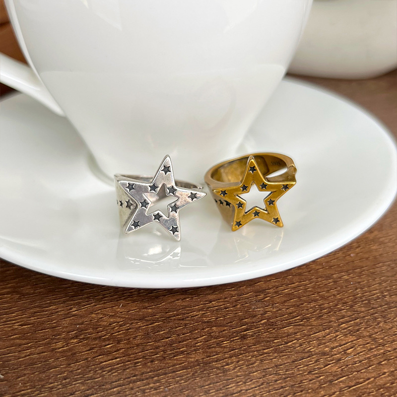 Five-pointed star 925 silver ring, hip-hop design