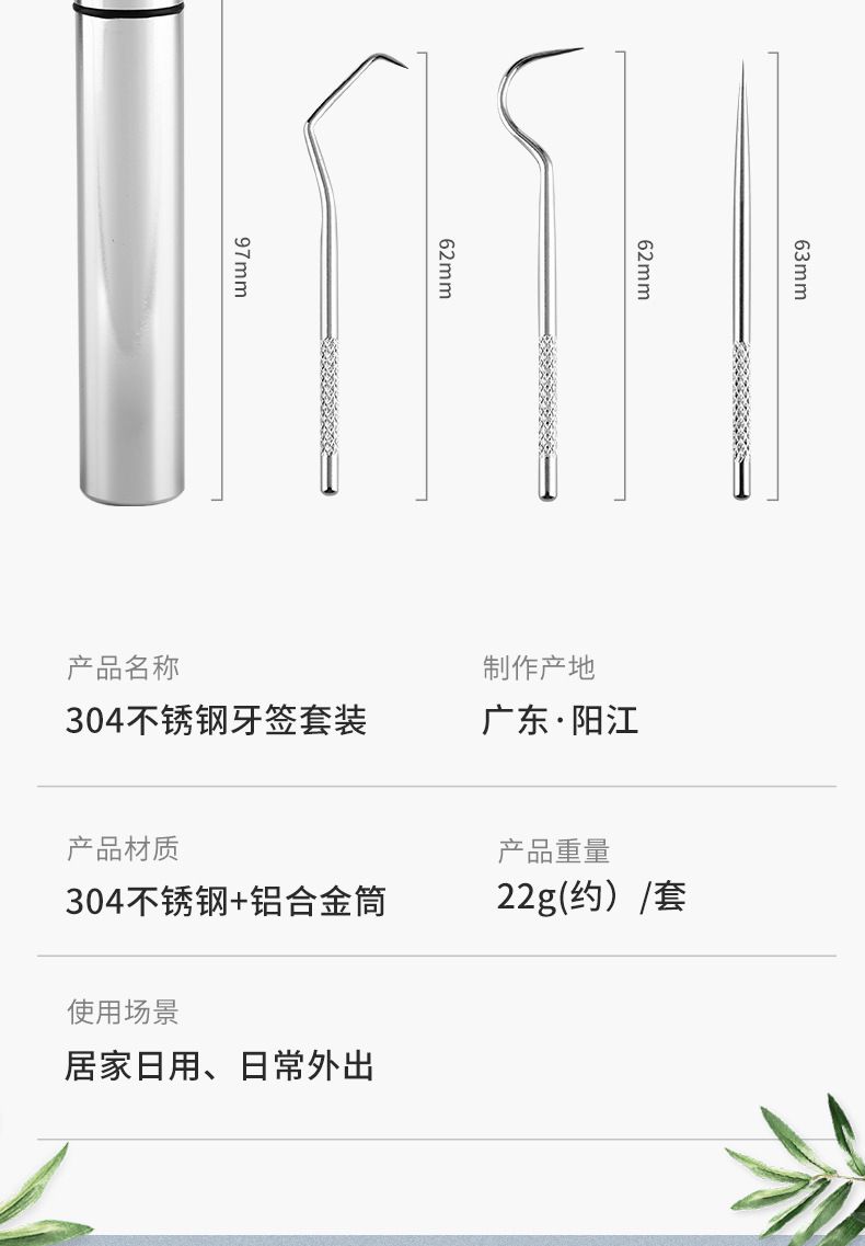 Toothpick set, 304 stainless steel, portable