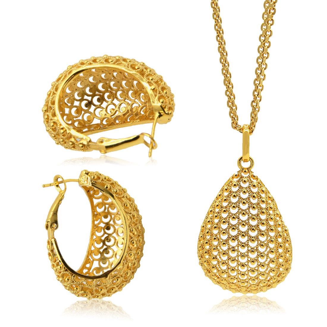 24K altın kaplı bakır takı seti kolye küpe geometrik