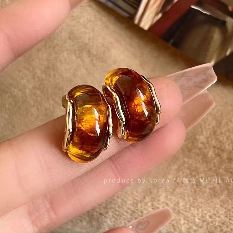 Fransız Vintage Küpe Karamel Kehribar Renkli Boncuklu