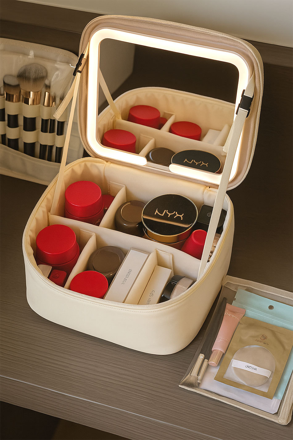 Makeup bag with mirror and LED light, portable organizer