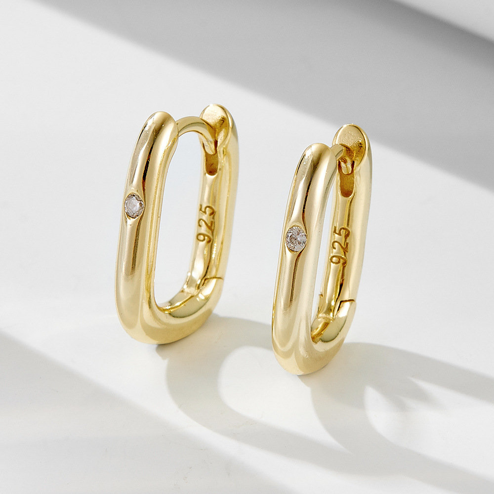 Silver earrings, oval U-shaped, diamond-studded, minimalist