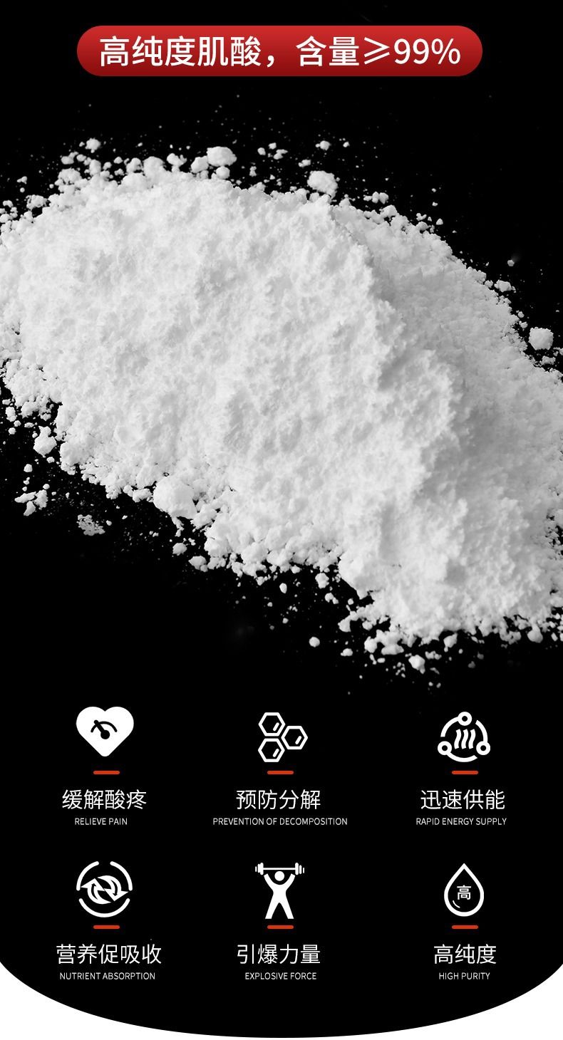 Creatine monohydrate powder, 200 mesh, 99.99% purity