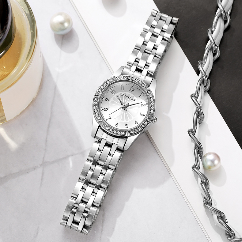 Women's quartz watch, ice blue, rhinestone design