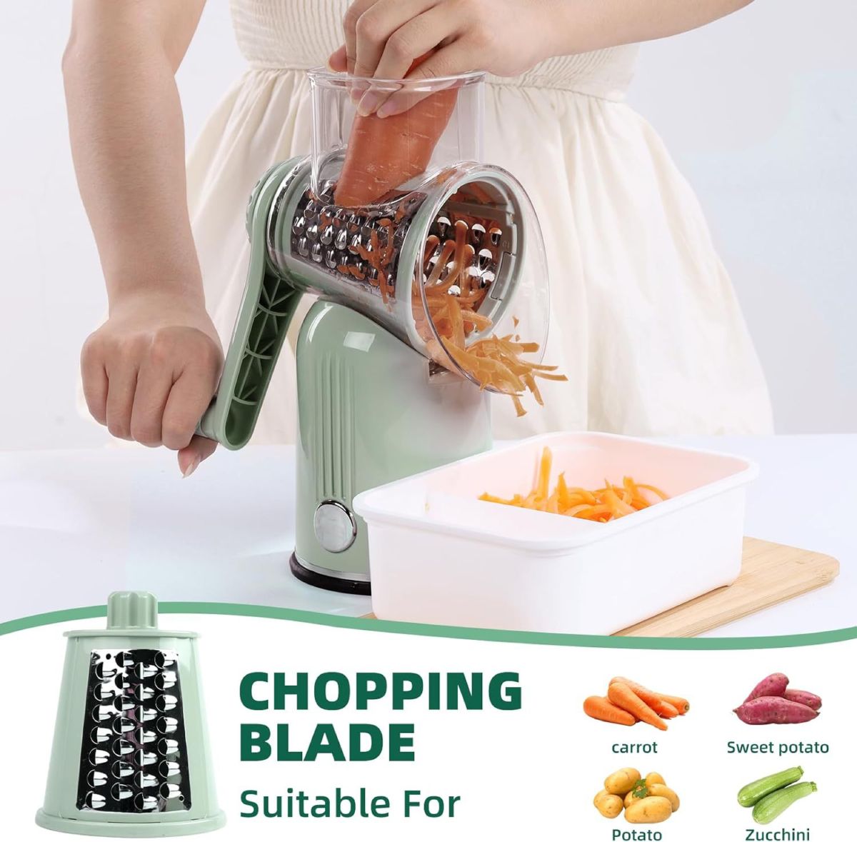 Multi-function vegetable cutter with hand-crank roller, slicer and grater