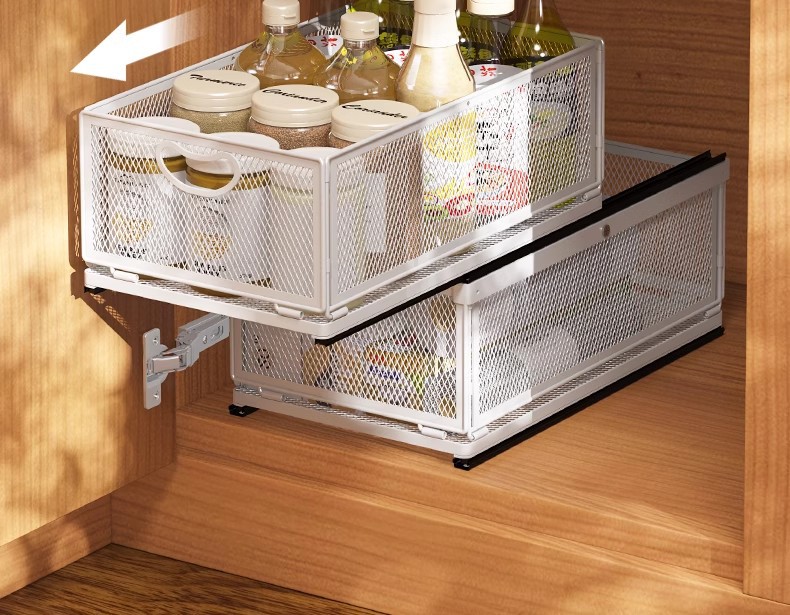 Foldable metal storage basket for kitchen and bathroom