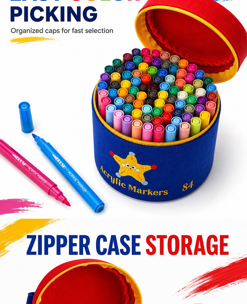 Acrylic marker pen set with soft tips, children's drawing, storage bucket