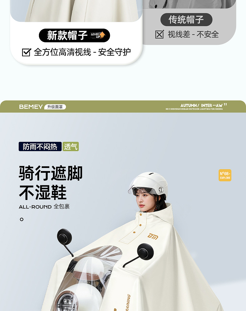 Beimei electric vehicle raincoat with HD window, full-body, waterproof, single-person