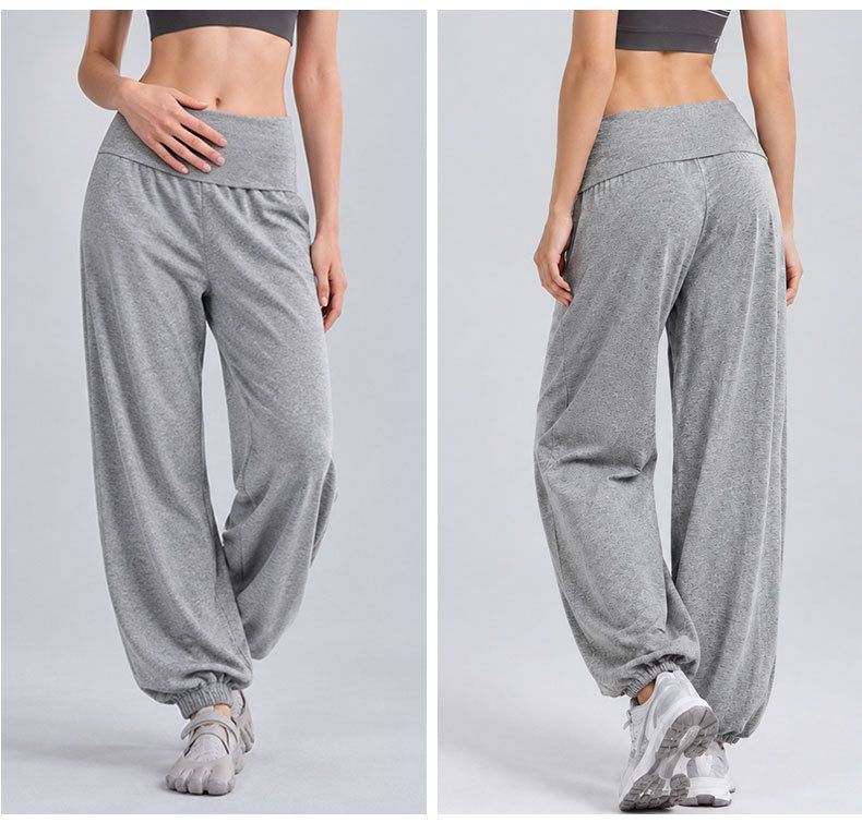 Damen-Yogahose mit Taillenknopf und weitem Bein, hohe Taille