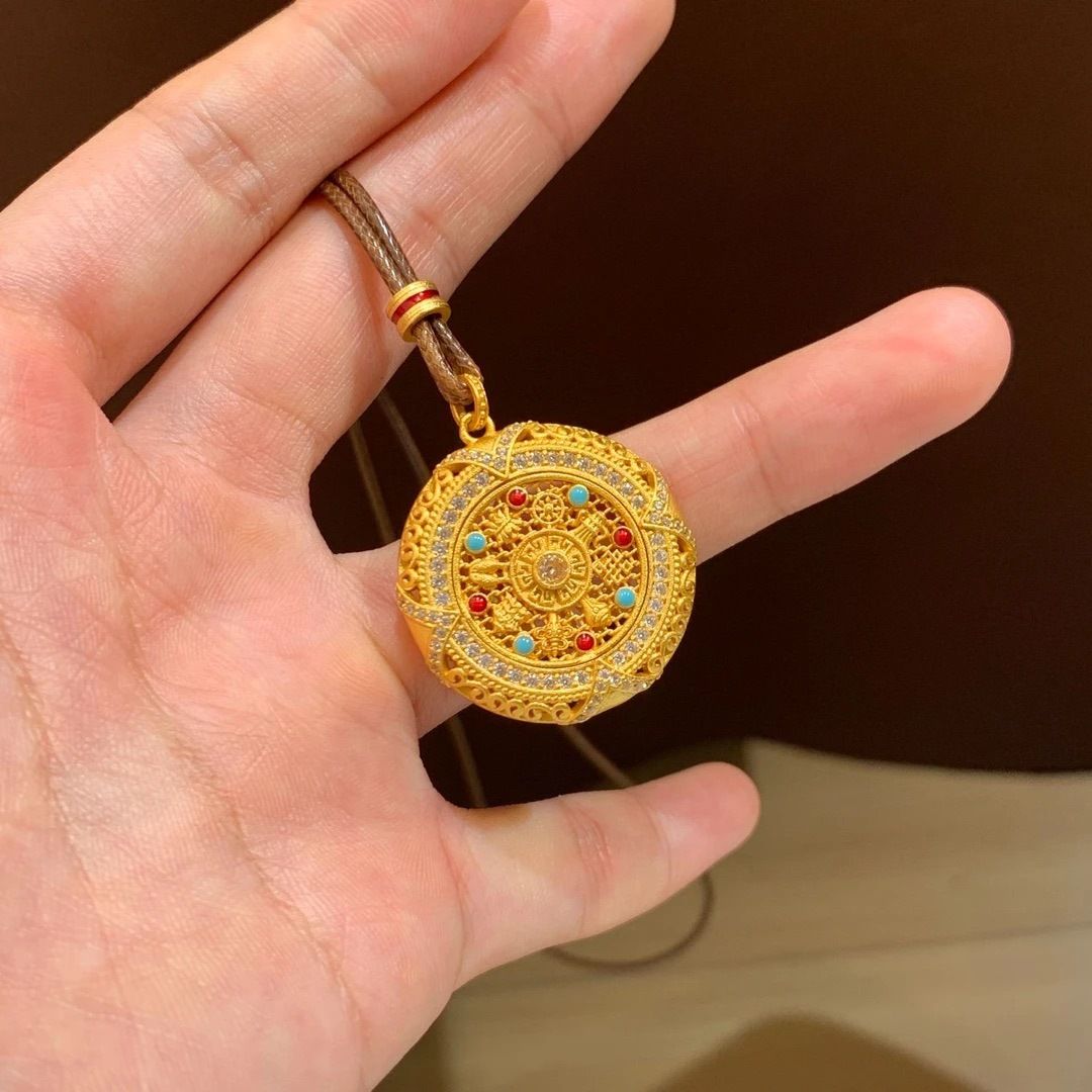 Silver rotatable Eight Treasures compass pendant, long sweater chain