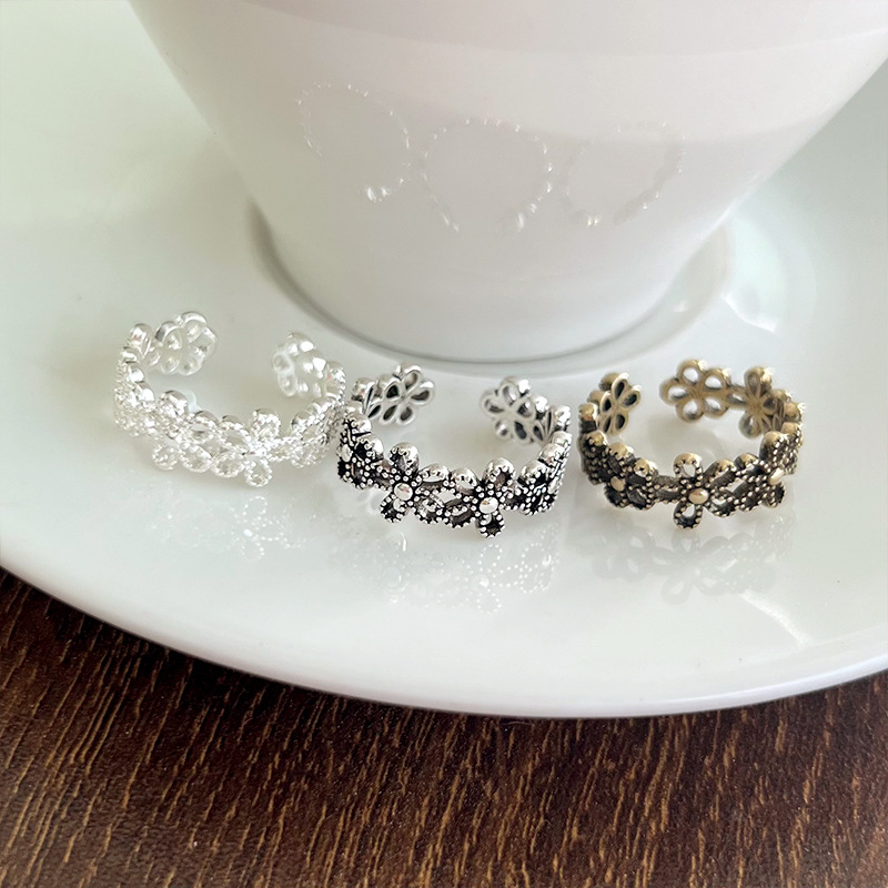 Lanzhi snowflake pattern 925 silver retro ring