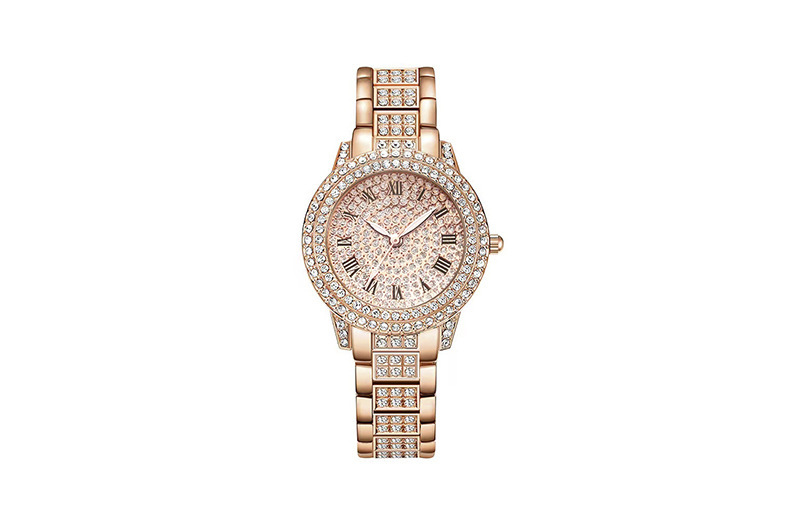 Women's diamond-studded quartz watch with Roman numerals and bracelet design