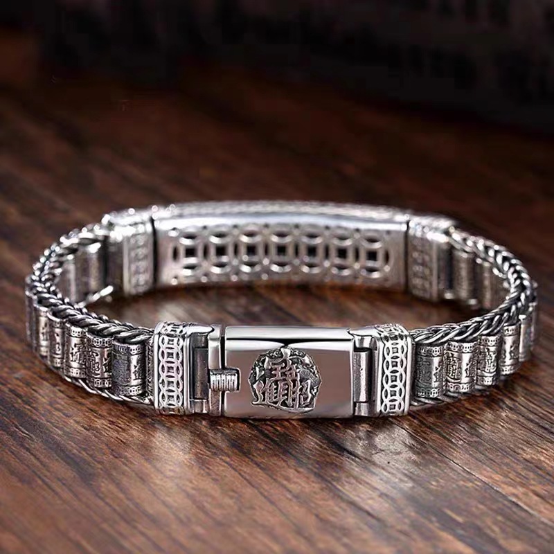 Pixiu silver bracelet, 18 beads, vintage design, wide band