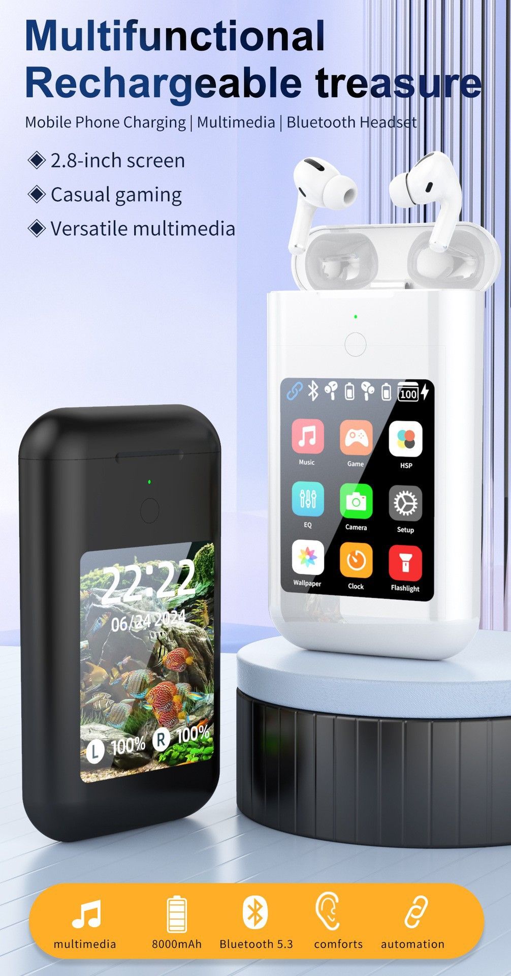 A98 BOX Bluetooth Earbuds Power Bank with 2.8 Inch Display 3-in-1