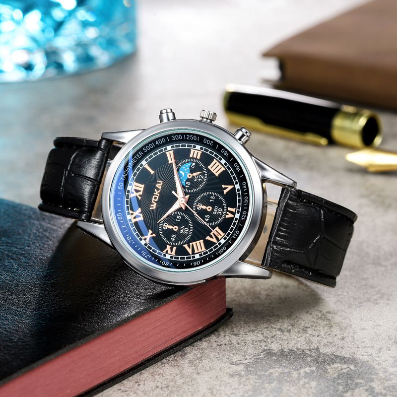 Men's leather strap quartz watch waterproof