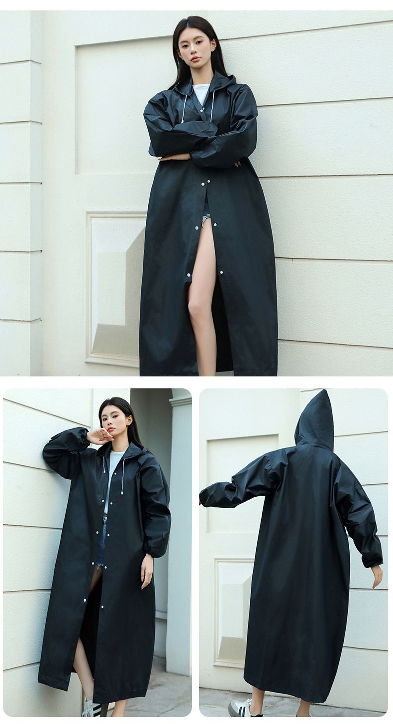 Uzun yağmurluk, tek parça, yoğun yağmura dayanıklı, tekrar kullanılabilir, yetişkin unisex, büzgülü stil, taşınabilir seyahat EVA yağmurluk toptan satış.