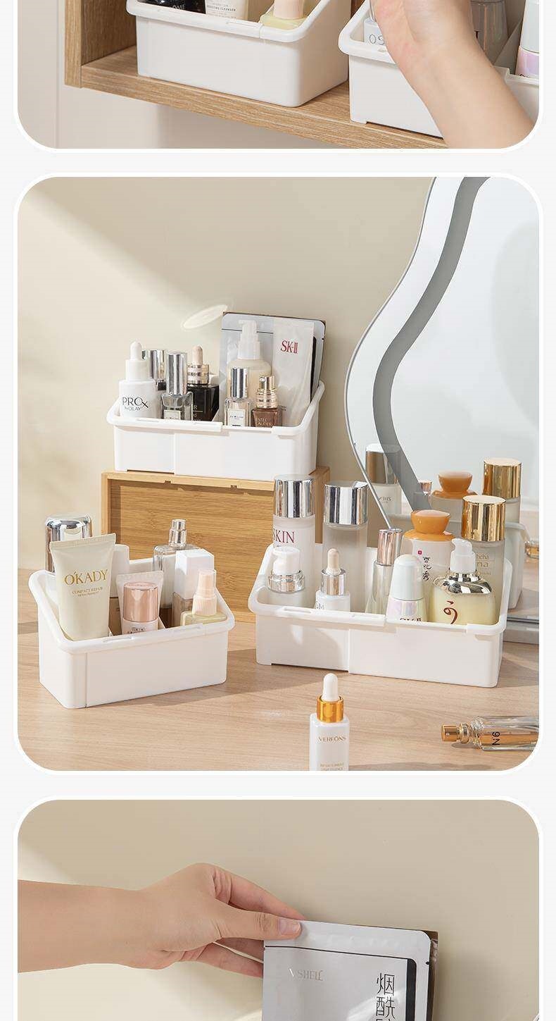 Cosmetics storage box, mirror lid, adjustable compartments