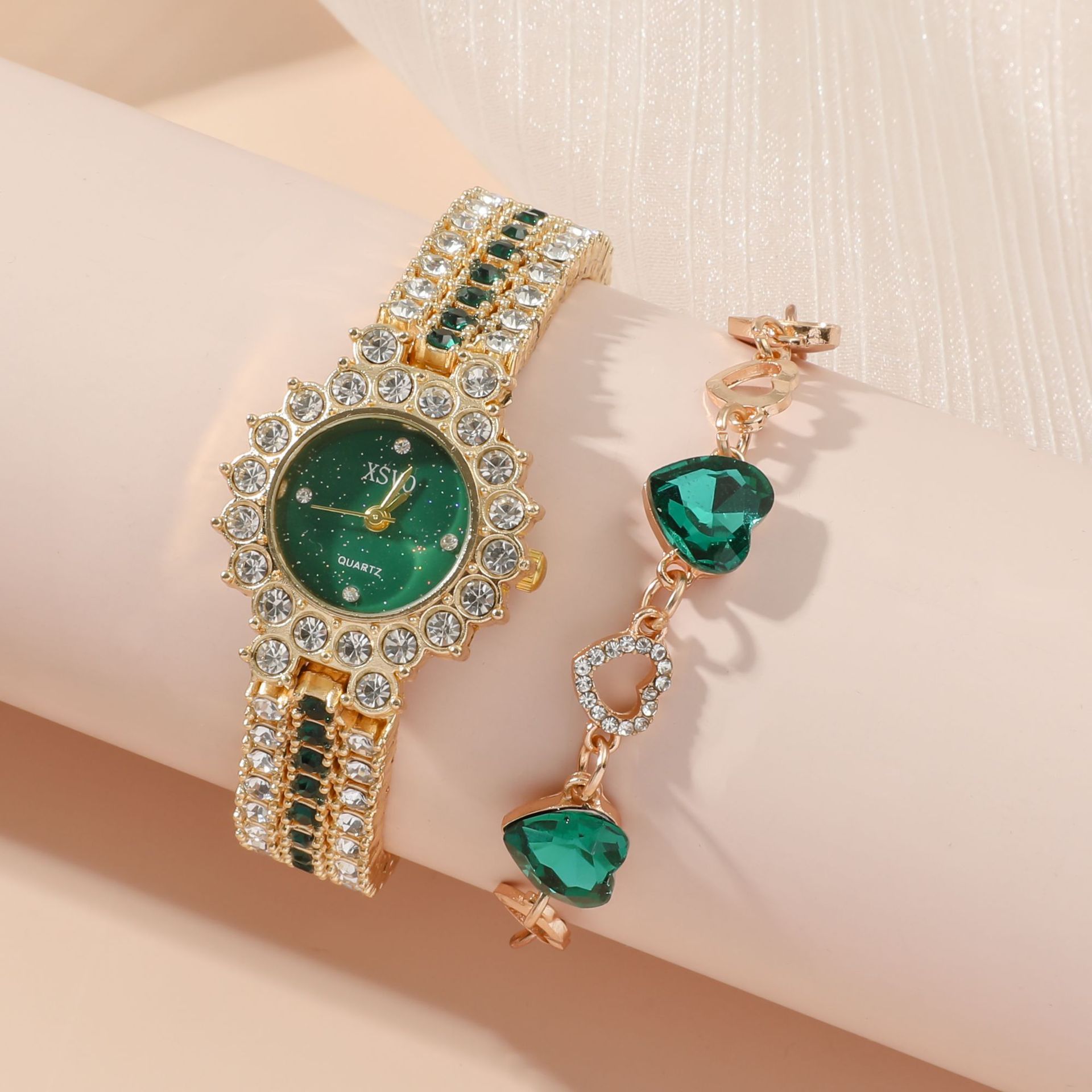 Yeşil kadın çelik kuvars saati yüzük seti