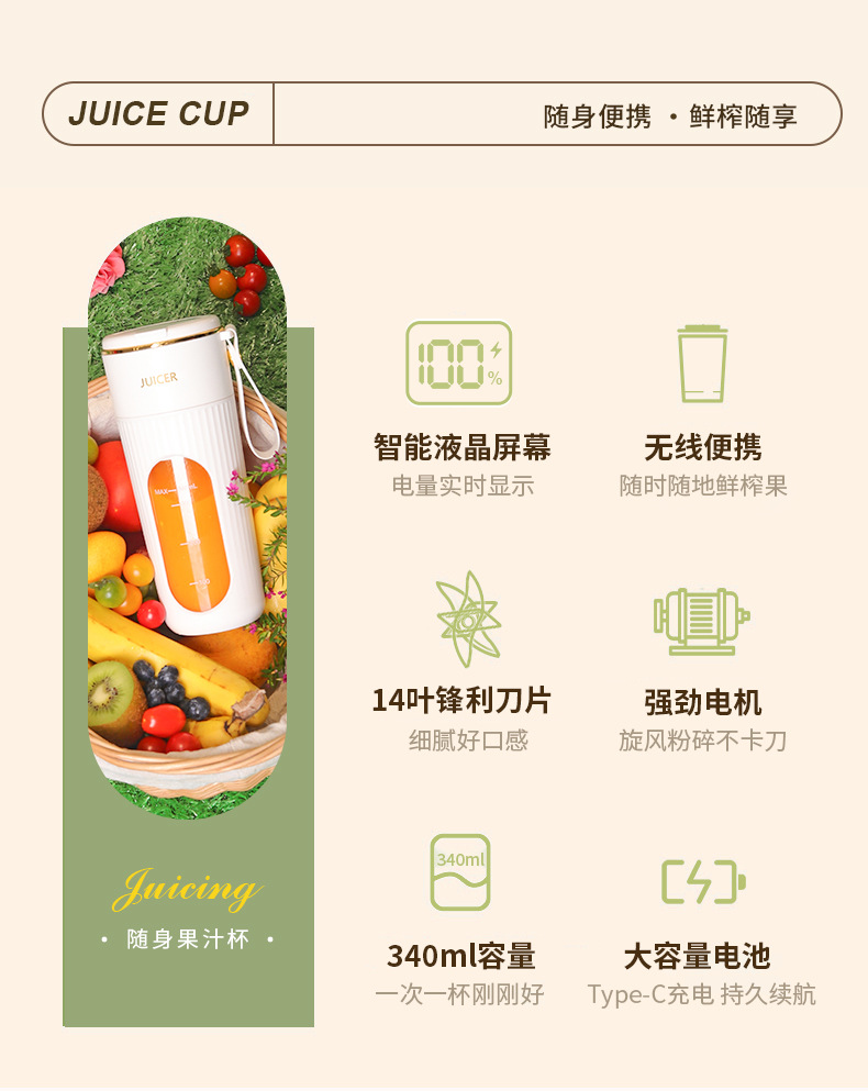 Portable mini electric fruit juicer and smoothie blender