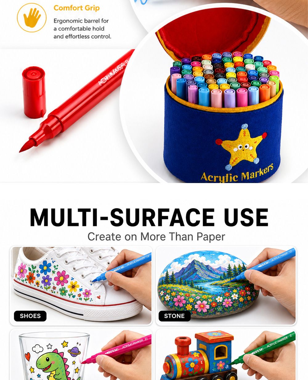 Acrylic marker pen set with soft tips, children's drawing, storage bucket