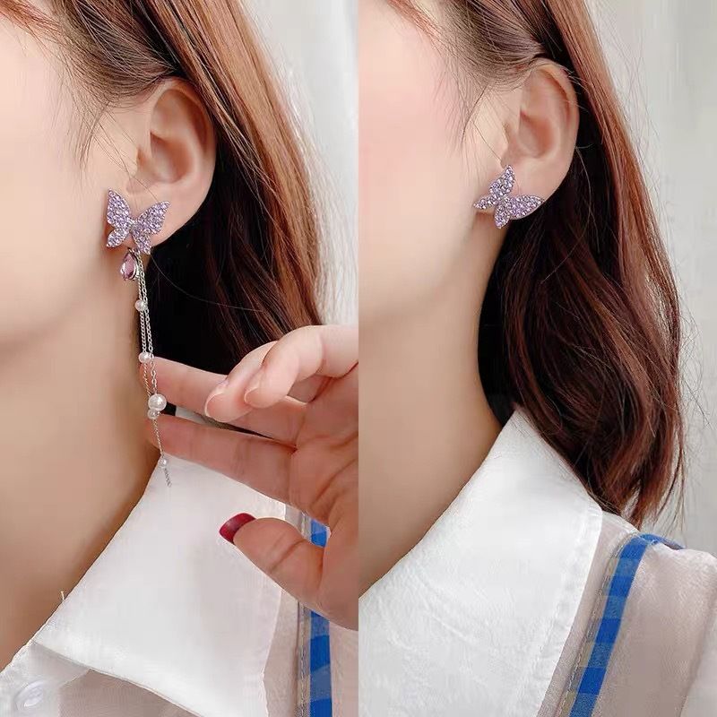 欧美跨境仙女紫色长款流苏蝴蝶耳钉轻奢甜美感耳环名媛风百搭耳饰