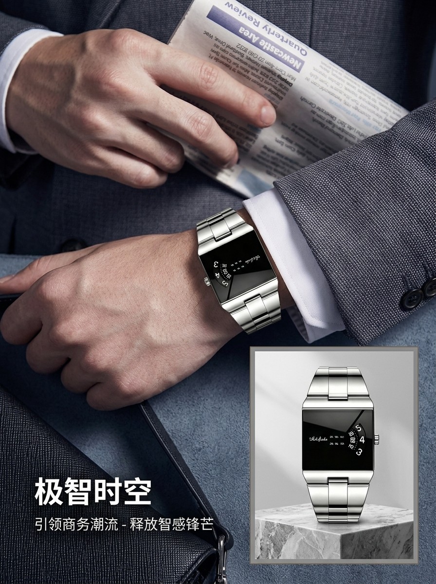 Men's Square Quartz Watch Steel Band Waterproof
