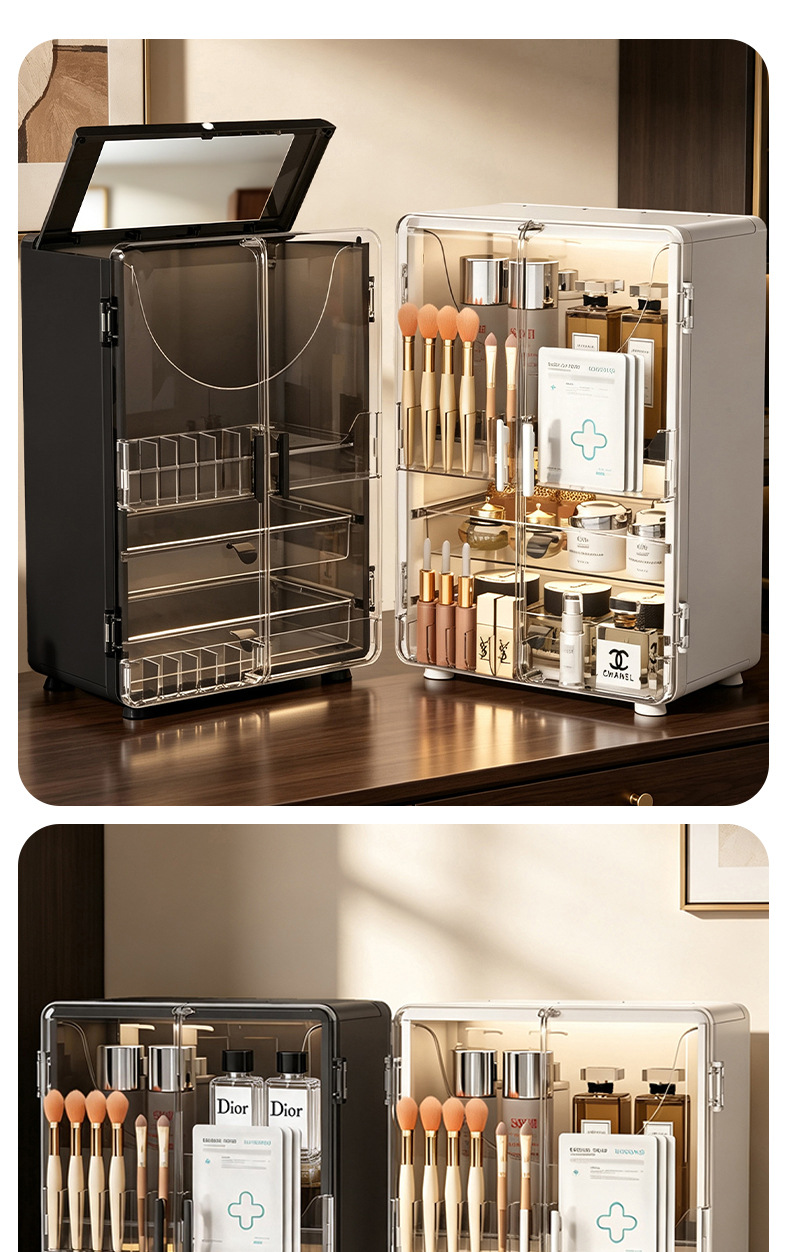 Cosmetics organizer with mirror dustproof large capacity