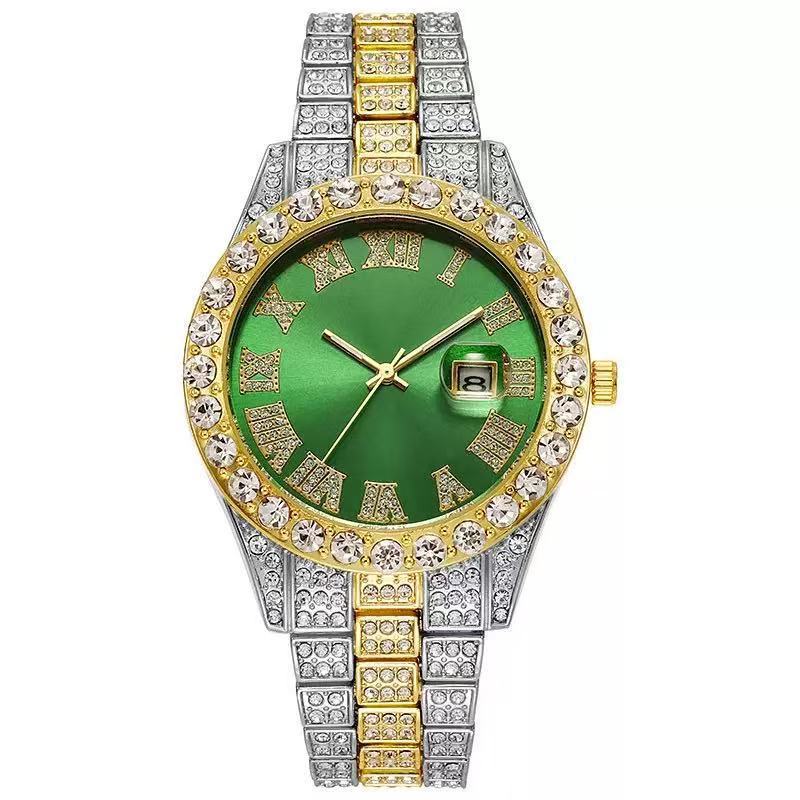 Men's quartz watch with crystals calendar roman numerals