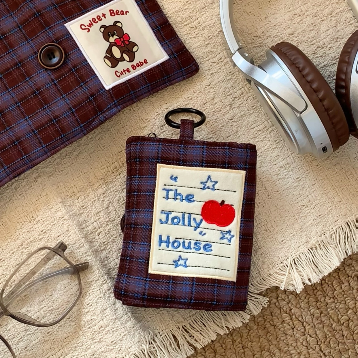 Karo desenli mini pasaport çantası taşınabilir saklama
