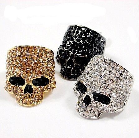 Punk Skull Ring, Metal, Rhinestone Studded
